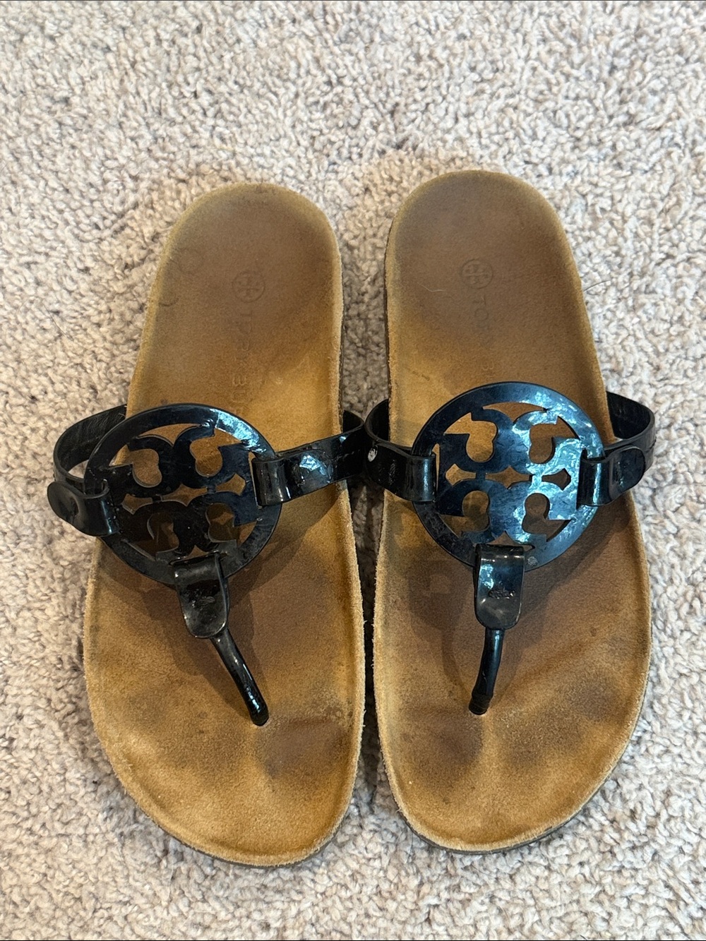 Tory Burch Miller Black Logo Cutout Thong Sandals Size 8